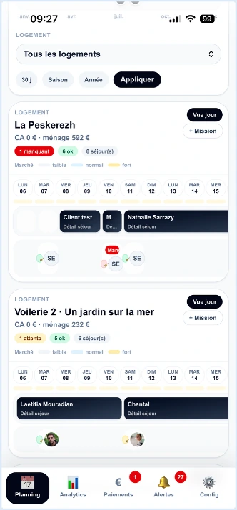 Planning centralisé Pilotys pour plusieurs logements