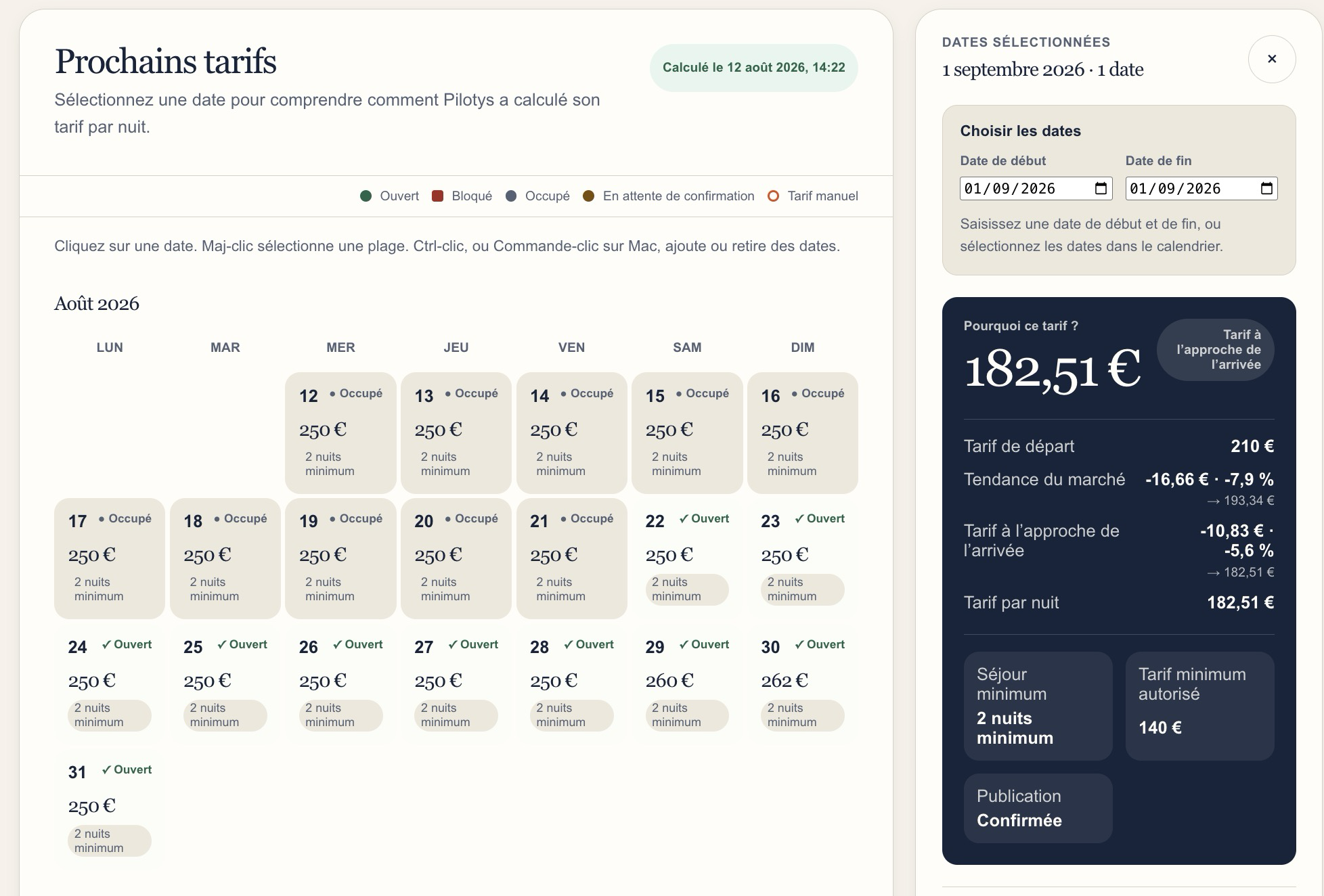 Capture complète de l'interface de tarification Pilotys montrant le calendrier et le détail du calcul